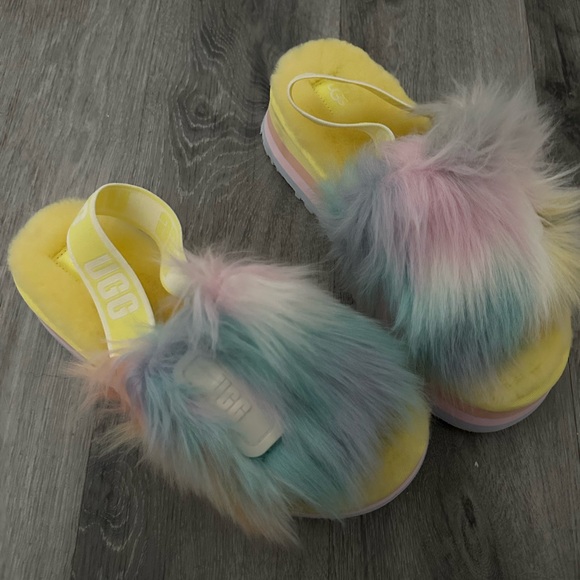 UGG Women's Slippers - Yellow with Multicolor Fur - Picture 1 of 4